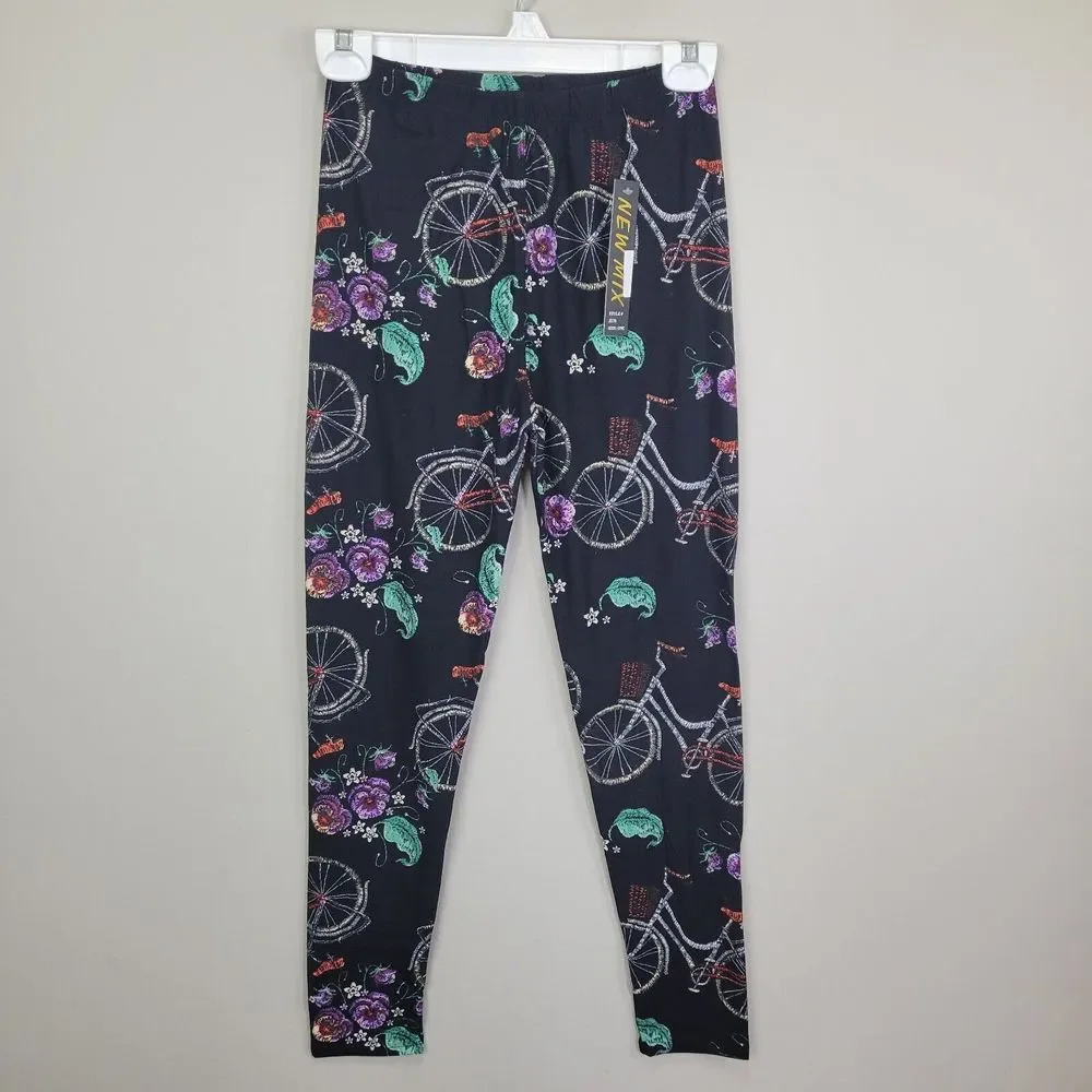 Bicycle And Floral Print Polyester Spandex Ankle Leggings One Size Fits‎ All